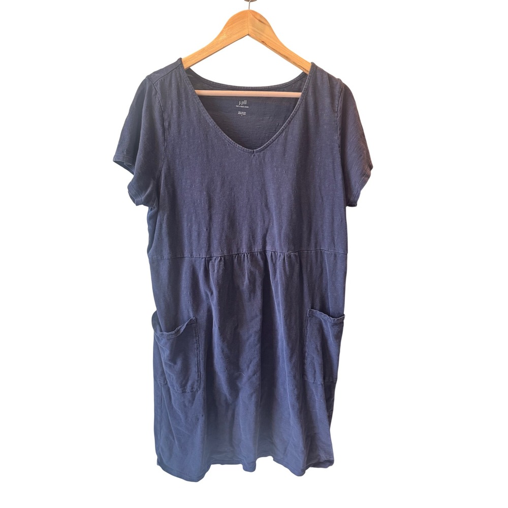 J. Jill Womens Navy Blue Cotton Slub Knit V-Neck Babydoll Pocket Dress Large